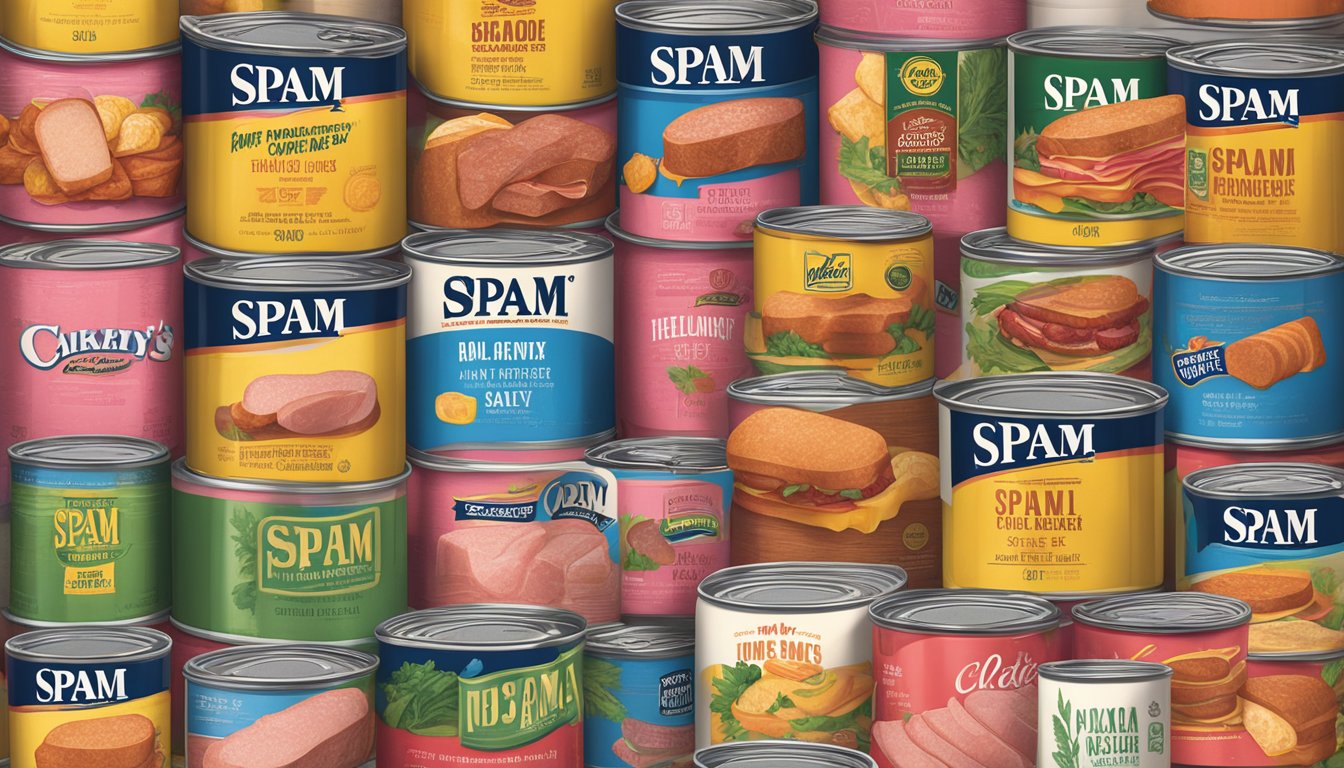 A colorful array of canned meats, with Spam's bold branding contrasting against Libby's more subtle design. Textures and colors evoke savory and salty flavors