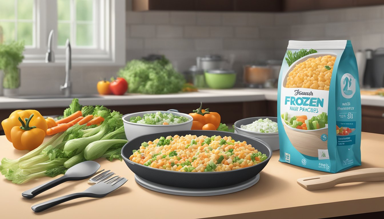 Two frozen meal packages side by side on a kitchen counter, surrounded by scattered vegetables and cooking utensils