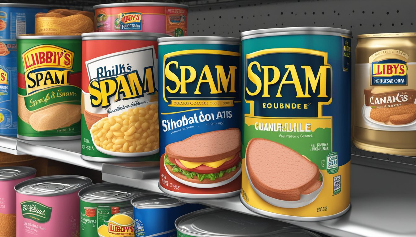 A can of Spam and a can of Libby's brand canned goods side by side on a grocery store shelf