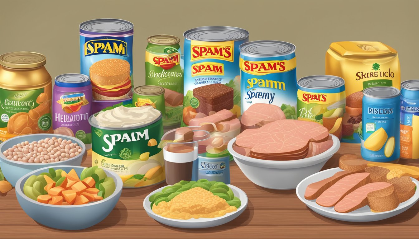 A table with cans of Spam and Libby's products, surrounded by various healthy food items and dietary supplements