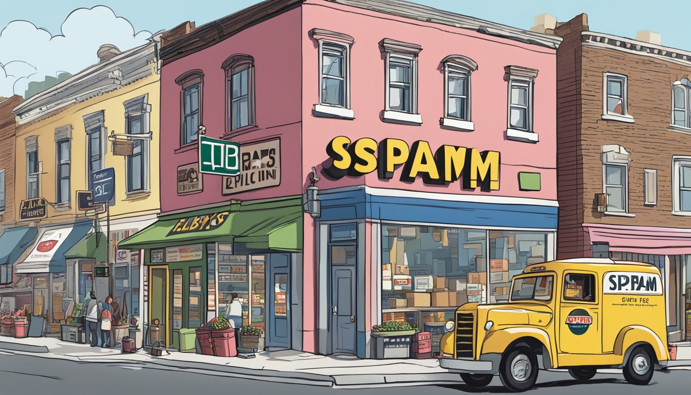 A bustling city street with a spam can towering over a small, isolated store. The store's sign reads "Libby's" in bold letters