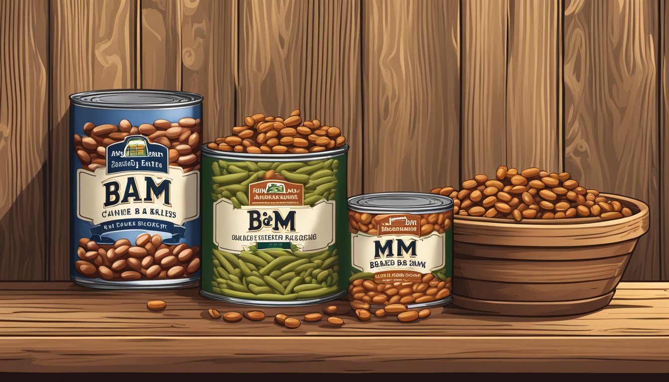 A rustic farm scene with two fields of bush beans and B&M canned baked beans stacked on a wooden shelf