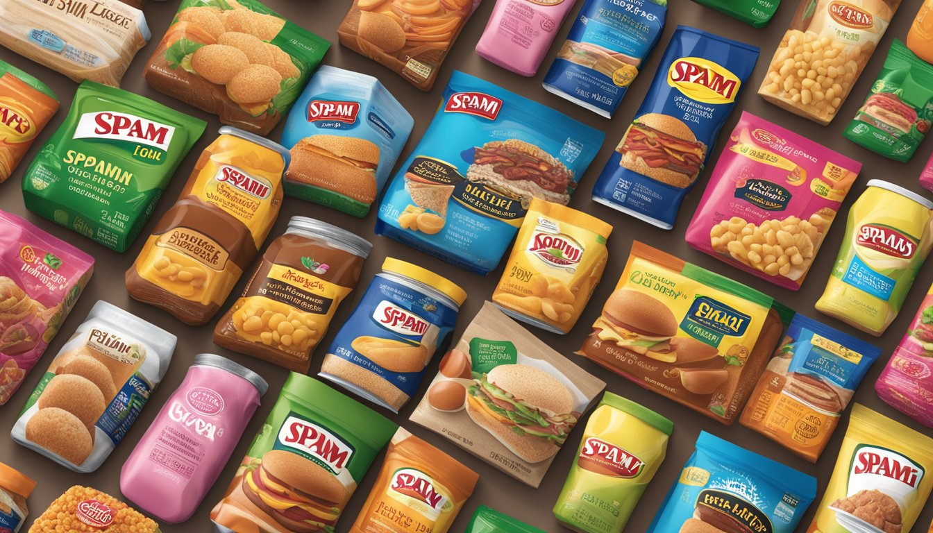 A bustling market with two competing brands, Spam and Libby's, displayed on colorful, eye-catching packaging. Shoppers compare prices and read product information