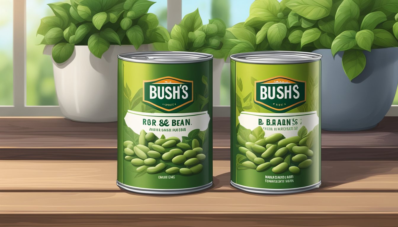 Two cans of beans, one labeled "Bush's" and the other "B&M," sit side by side on a wooden table, surrounded by greenery