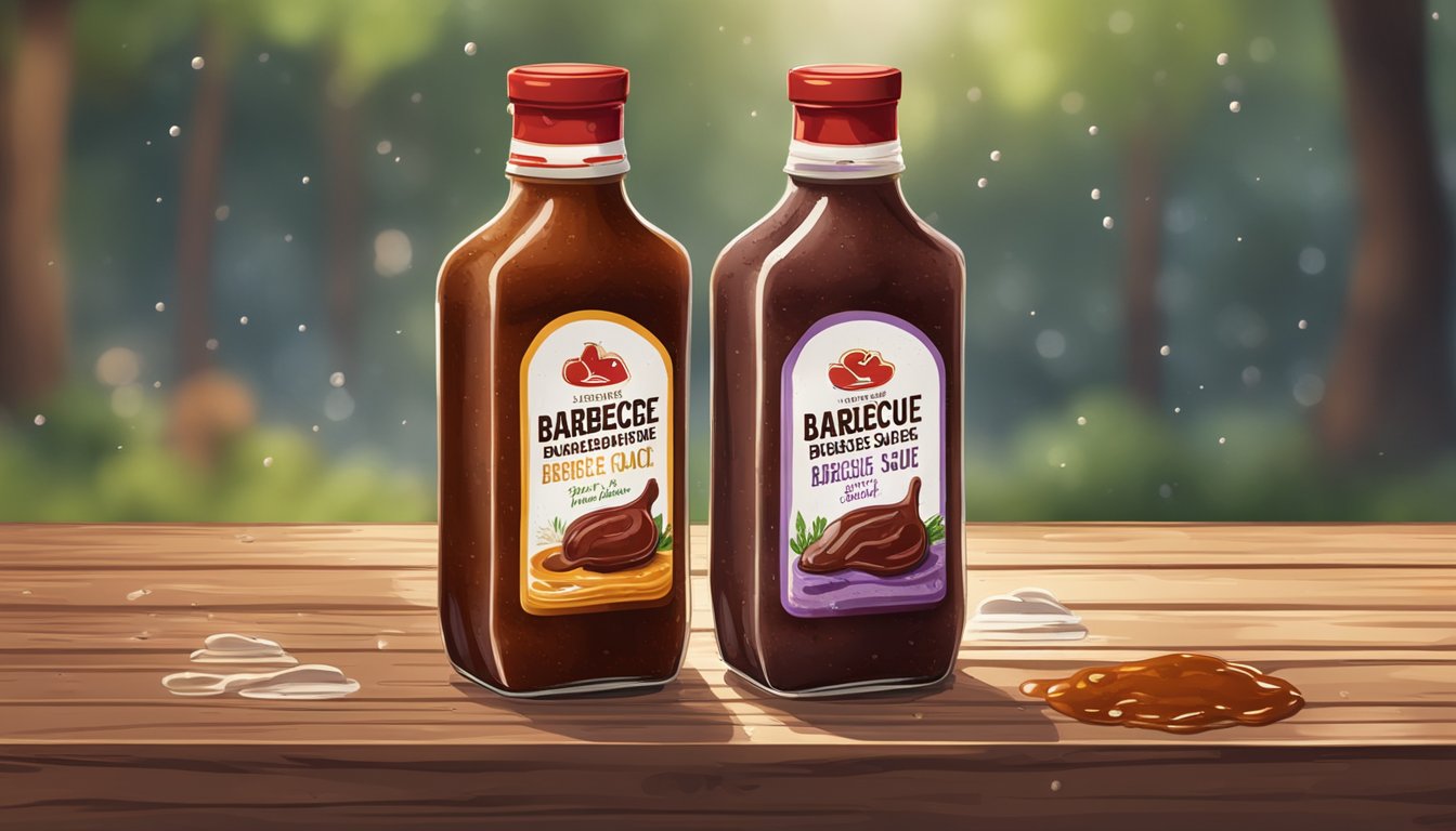 Two bottles of barbecue sauce stand side by side on a rustic wooden table, surrounded by scattered droplets of sauce and a few smudges of fingerprints