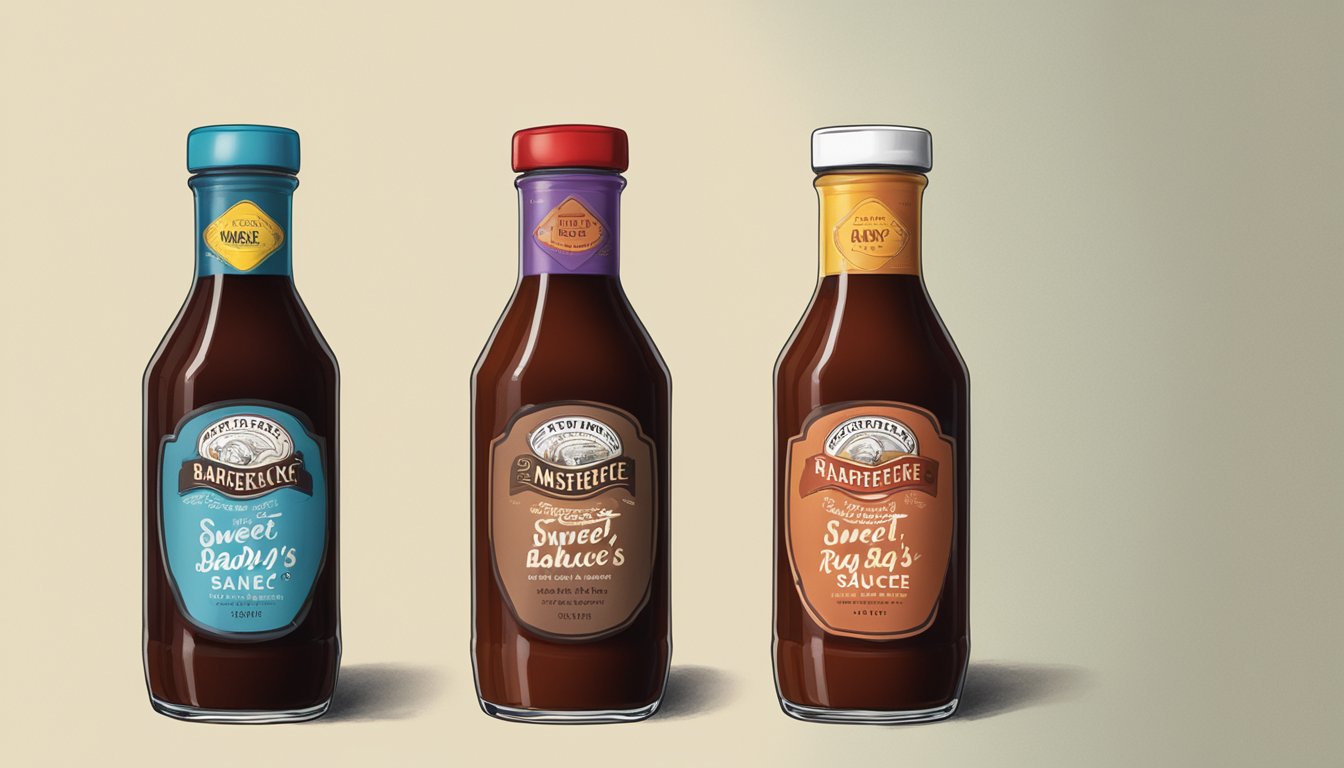 Two bottles of barbecue sauce sit side by side, one labeled "Sweet Baby Ray's" and the other "KC Masterpiece." The thick, glossy texture of the sauces is visible through the glass