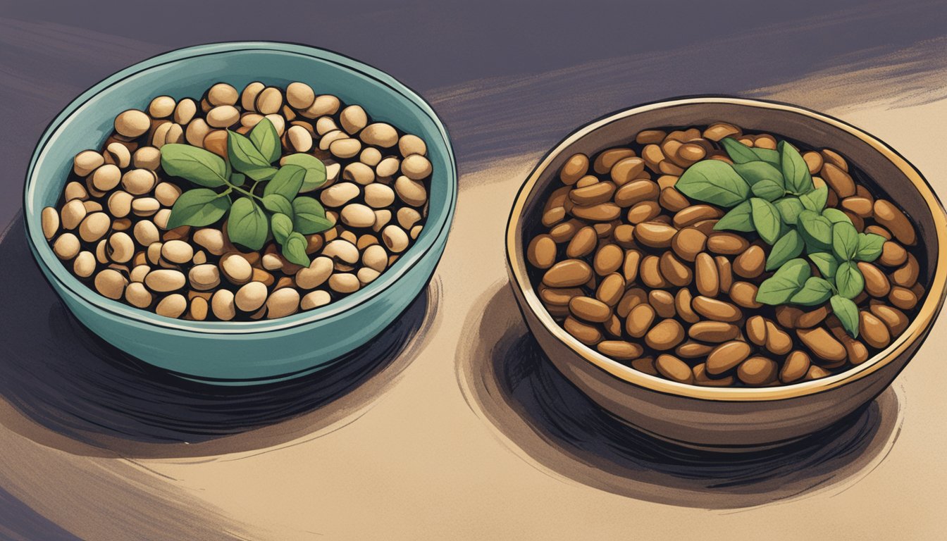 Two bowls of beans side by side, one from Bush's and one from B&M, with contrasting textures and colors