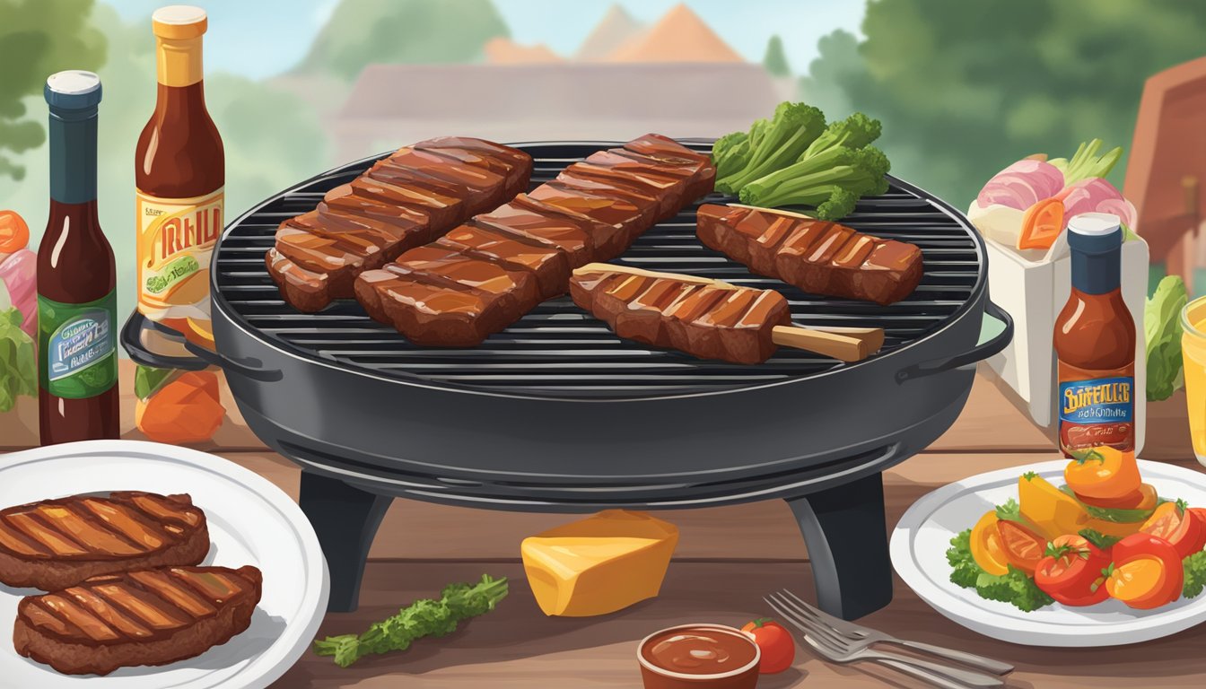 A grill with two bottles of barbecue sauce, sweet baby rays and kc masterpiece, next to a plate of grilled meat and vegetables