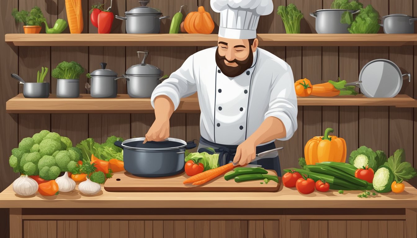 A chef slicing fresh vegetables on a wooden cutting board, while pots and pans hang on the wall in a rustic kitchen