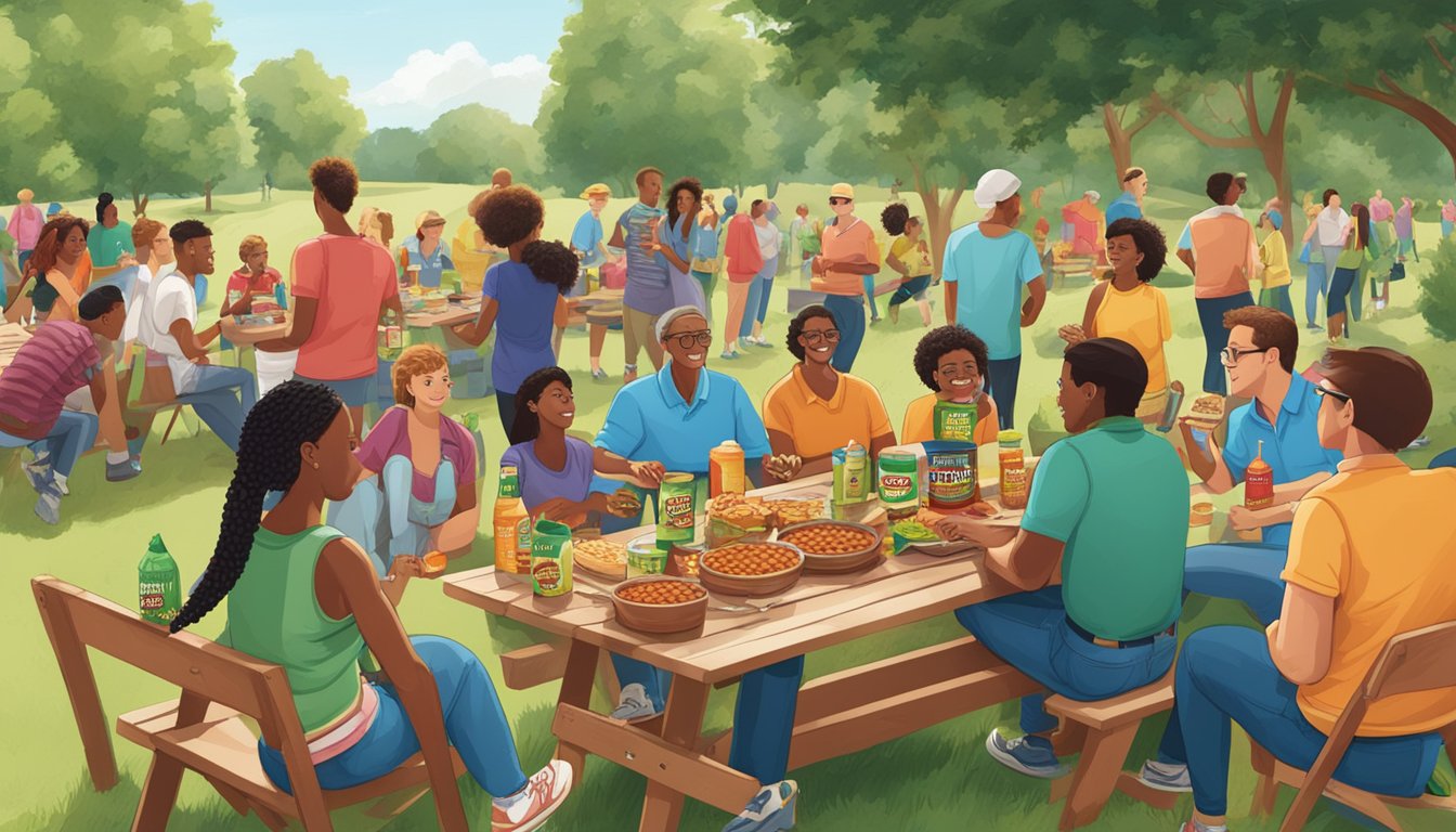 A picnic table with cans of Bush's and B&M baked beans surrounded by diverse groups of people enjoying the food