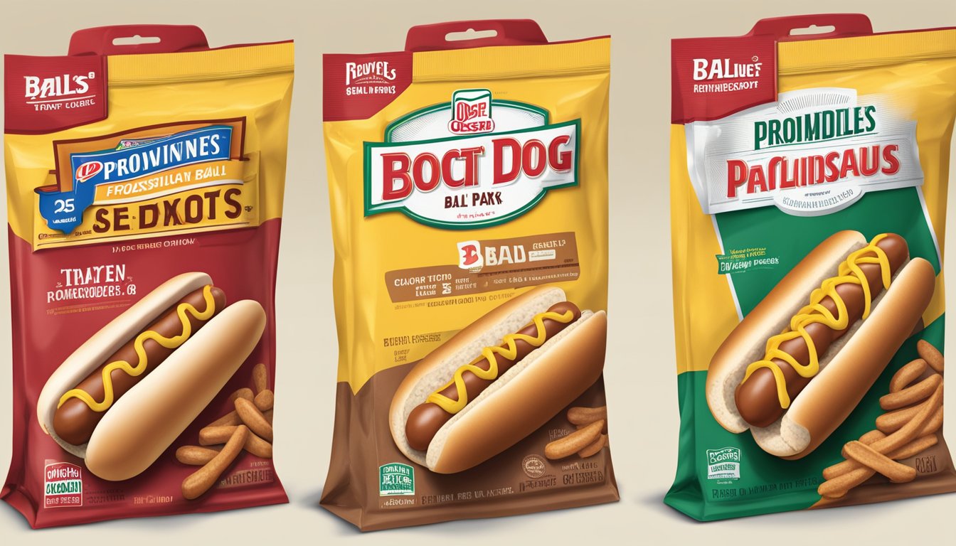 Two hot dog packages side by side, one Oscar Mayer and the other Ball Park. Each package prominently displays the brand name and a list of ingredients