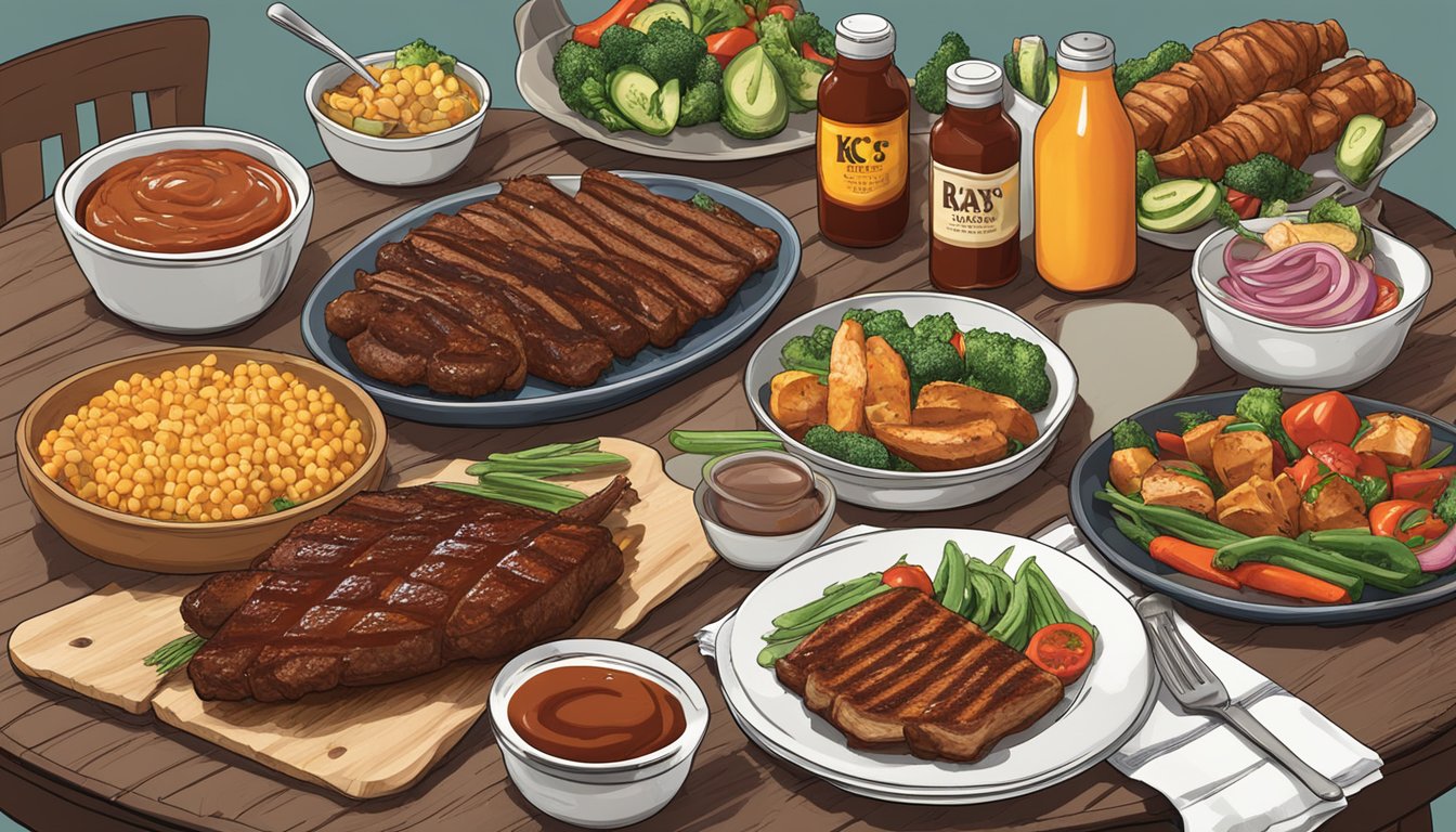 A table set with bottles of Sweet Baby Ray's and KC Masterpiece barbecue sauce, surrounded by grilled meats and vegetables