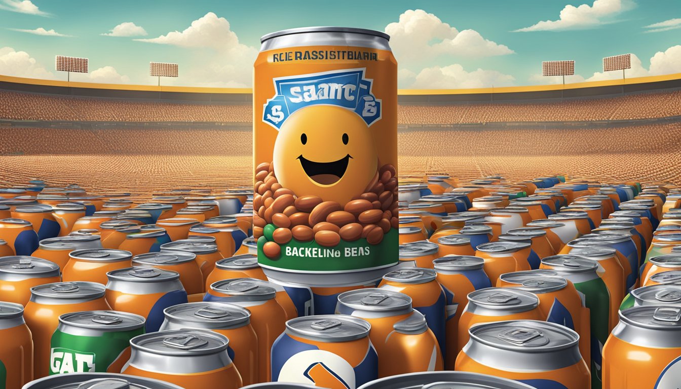 A field of giant baked beans cans, some wearing sports jerseys, facing off in a competitive game