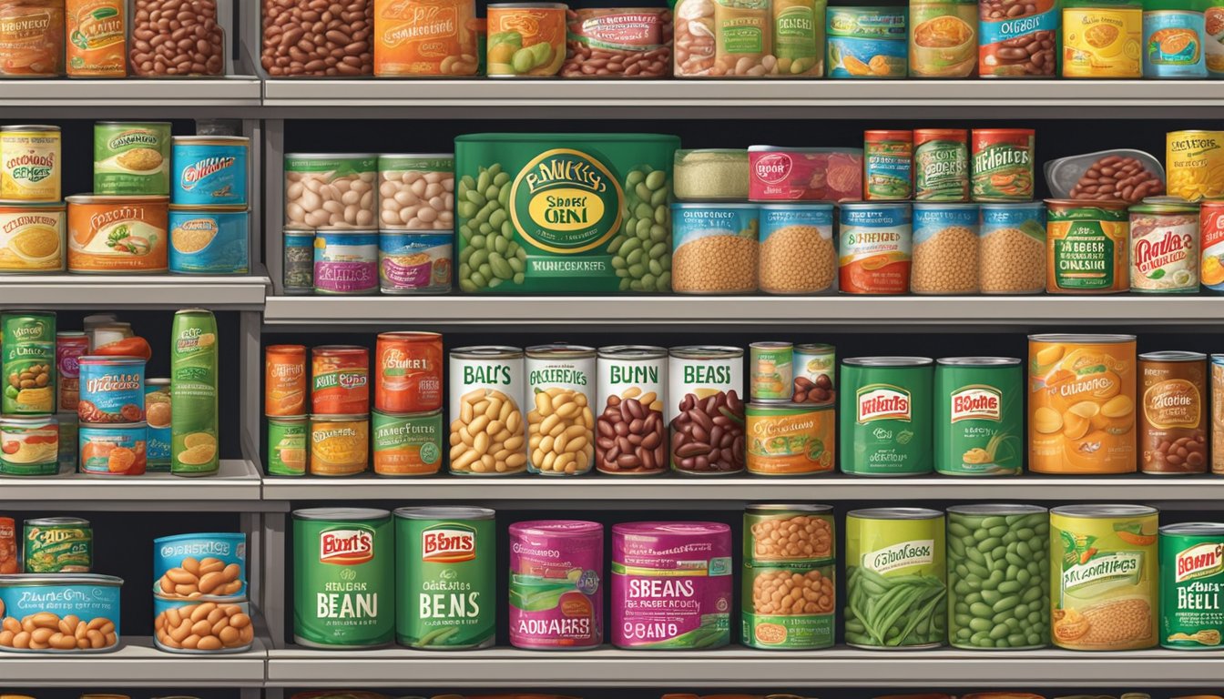 A grocery store shelf with Bush's and B&M canned beans side by side, surrounded by various other canned goods