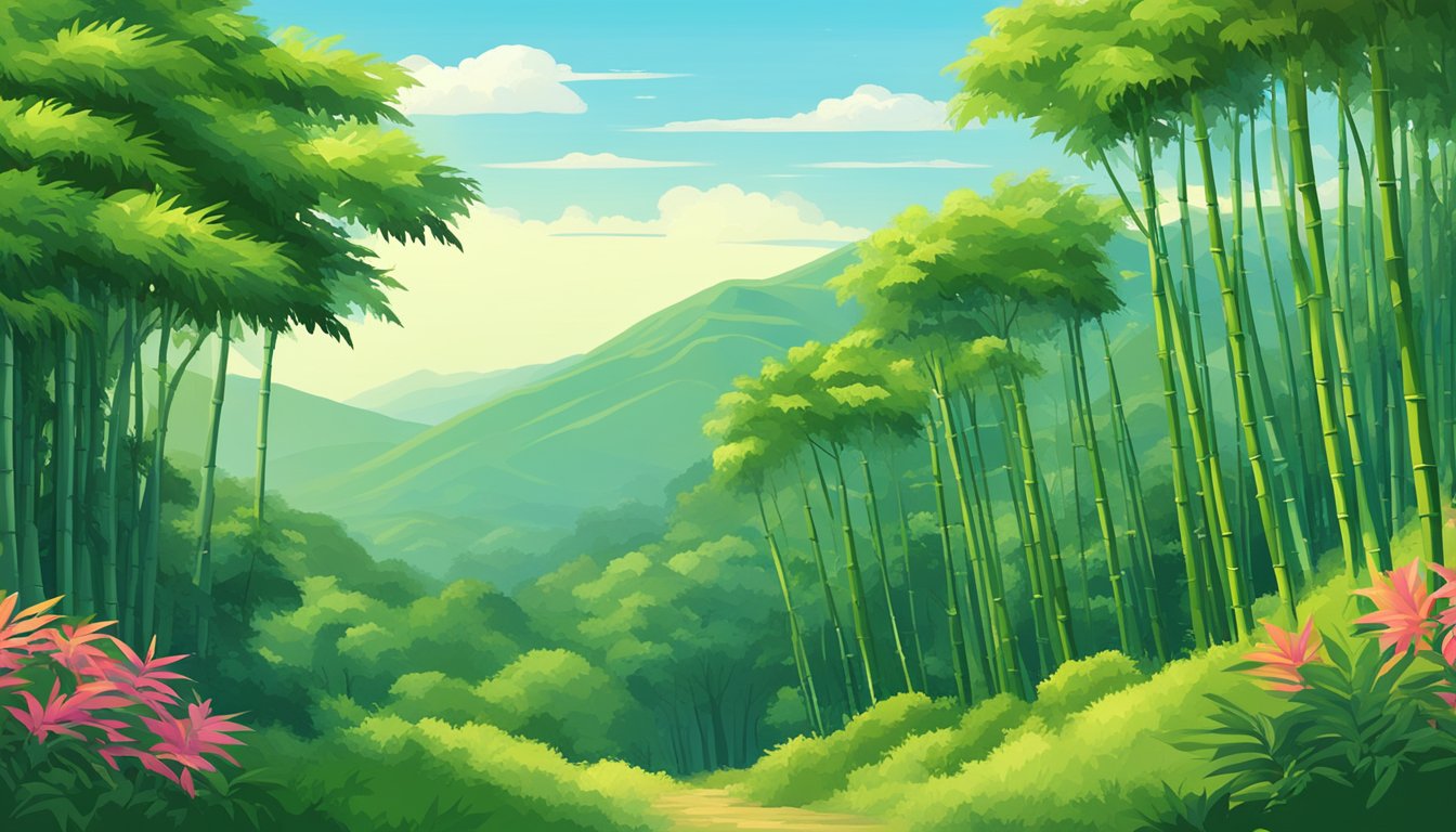 A lush forest with towering bushes and vibrant bamboos against a backdrop of rolling hills and clear blue skies