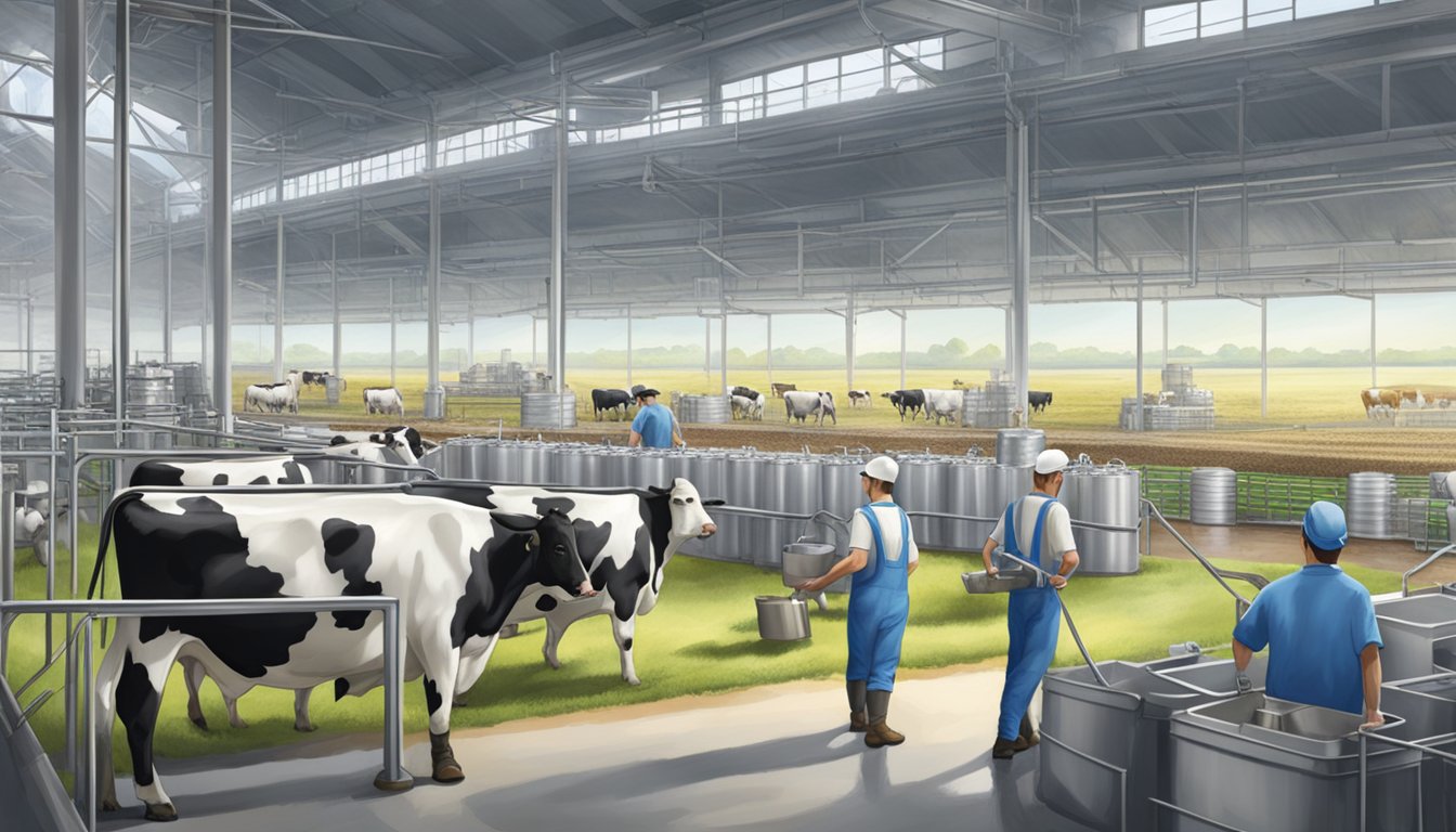 A bustling dairy farm with cows grazing in the fields, while workers at a yogurt production facility carefully mix and package the final product