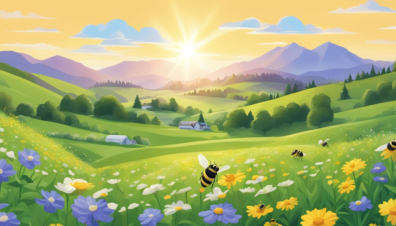 A lush green field with Stonyfield and Siggis yogurt containers scattered among wildflowers and bees. The sun shines down on the eco-friendly packaging