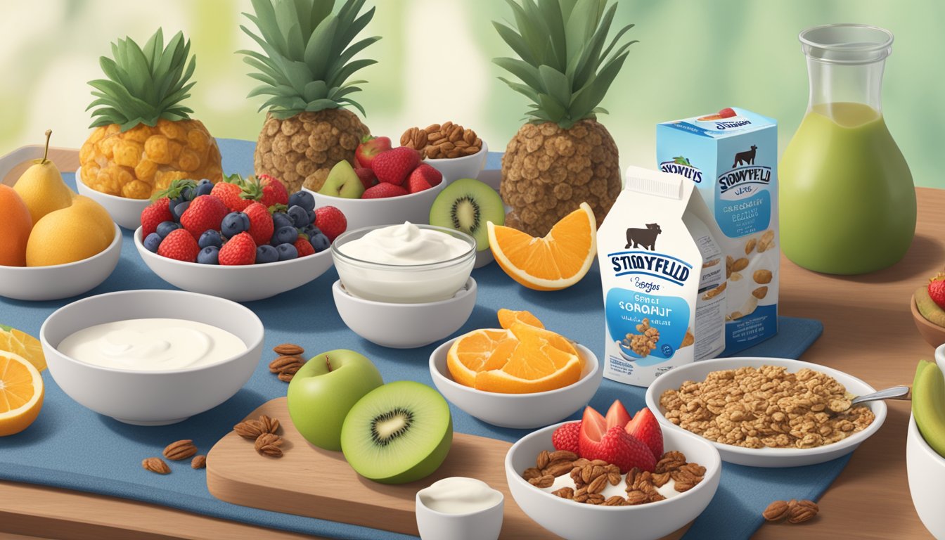 A table with bowls of Stonyfield and Siggi's yogurt, surrounded by fruits, granola, and a yoga mat. A person doing yoga in the background