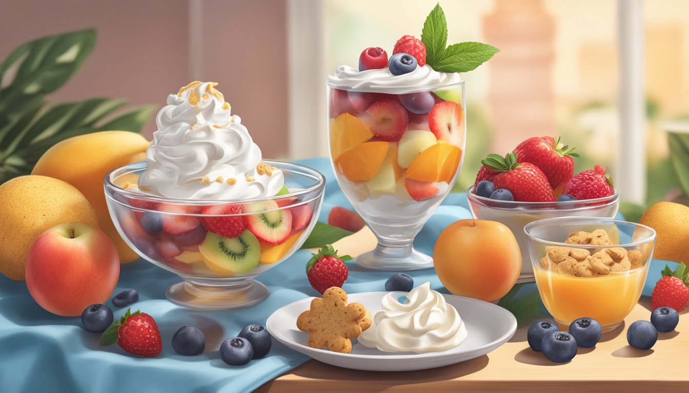 A table with two bowls of dessert, one topped with Reddi Wip and the other with Cool Whip, surrounded by various fruits and cookies