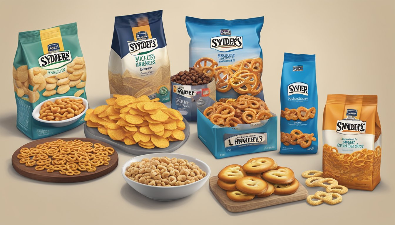 A table displaying various product lines from Snyder's of Hanover and Utz, with bags of snacks and pretzels neatly arranged for comparison