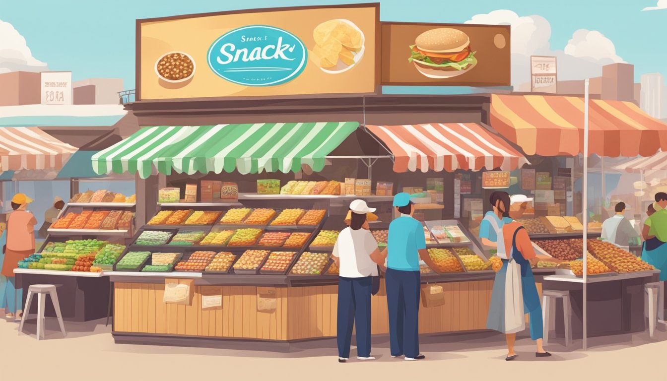 A bustling marketplace with two distinct snack food stands, each with their own unique branding and products on display