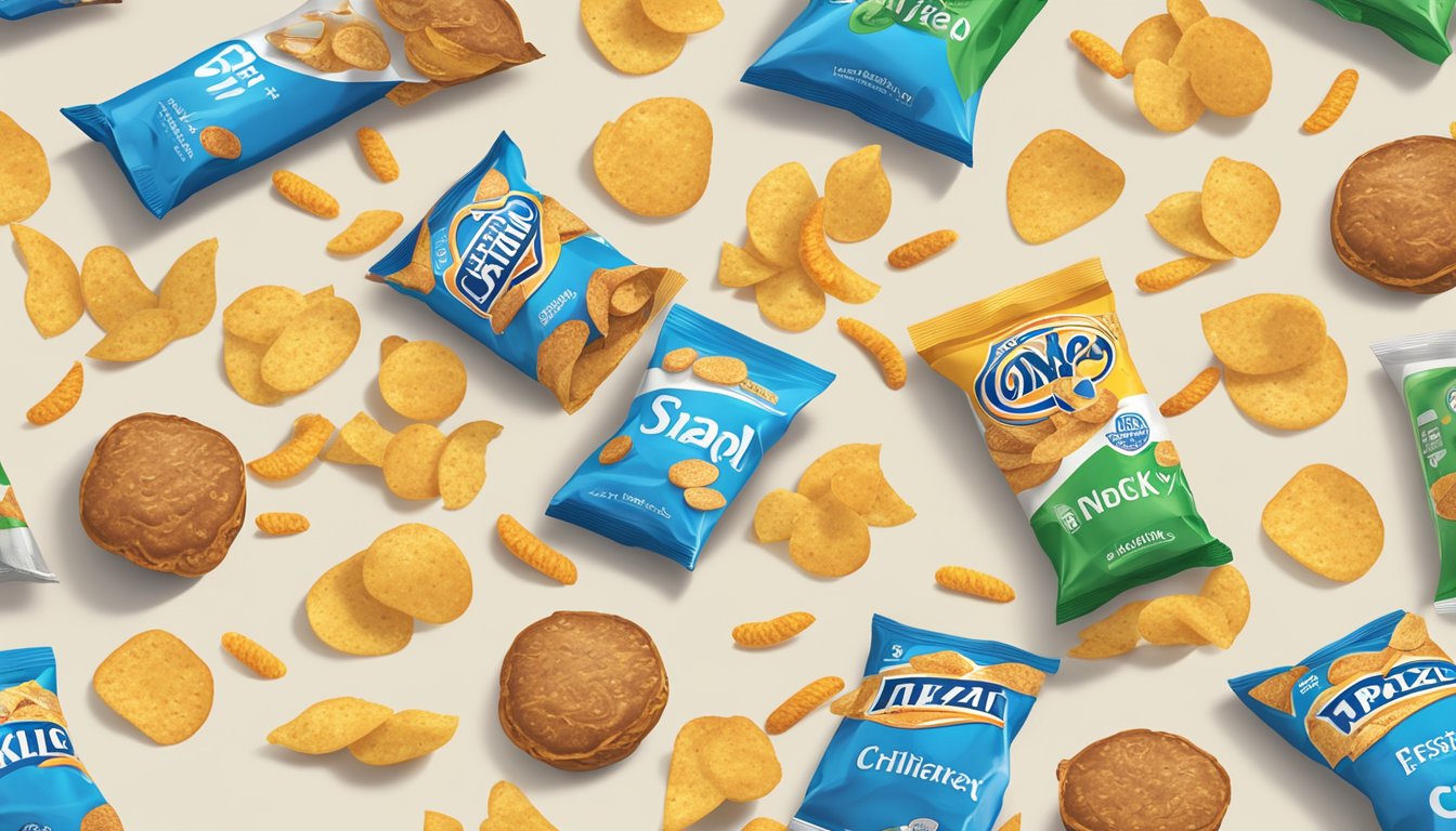 A table with two snack company logos facing each other, surrounded by scattered potato chips and pretzels