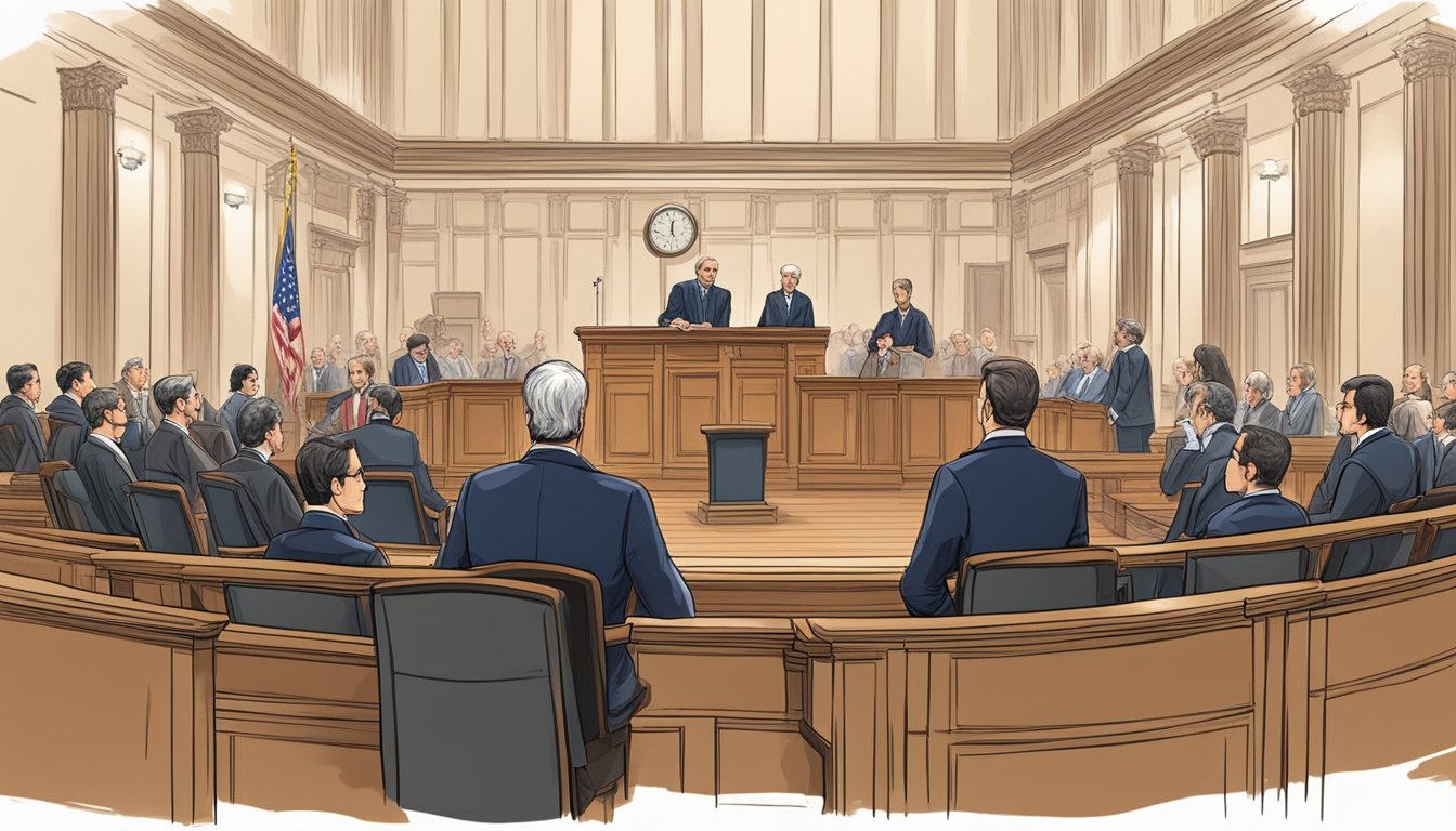 A courtroom with lawyers presenting arguments, judges presiding, and a jury listening intently