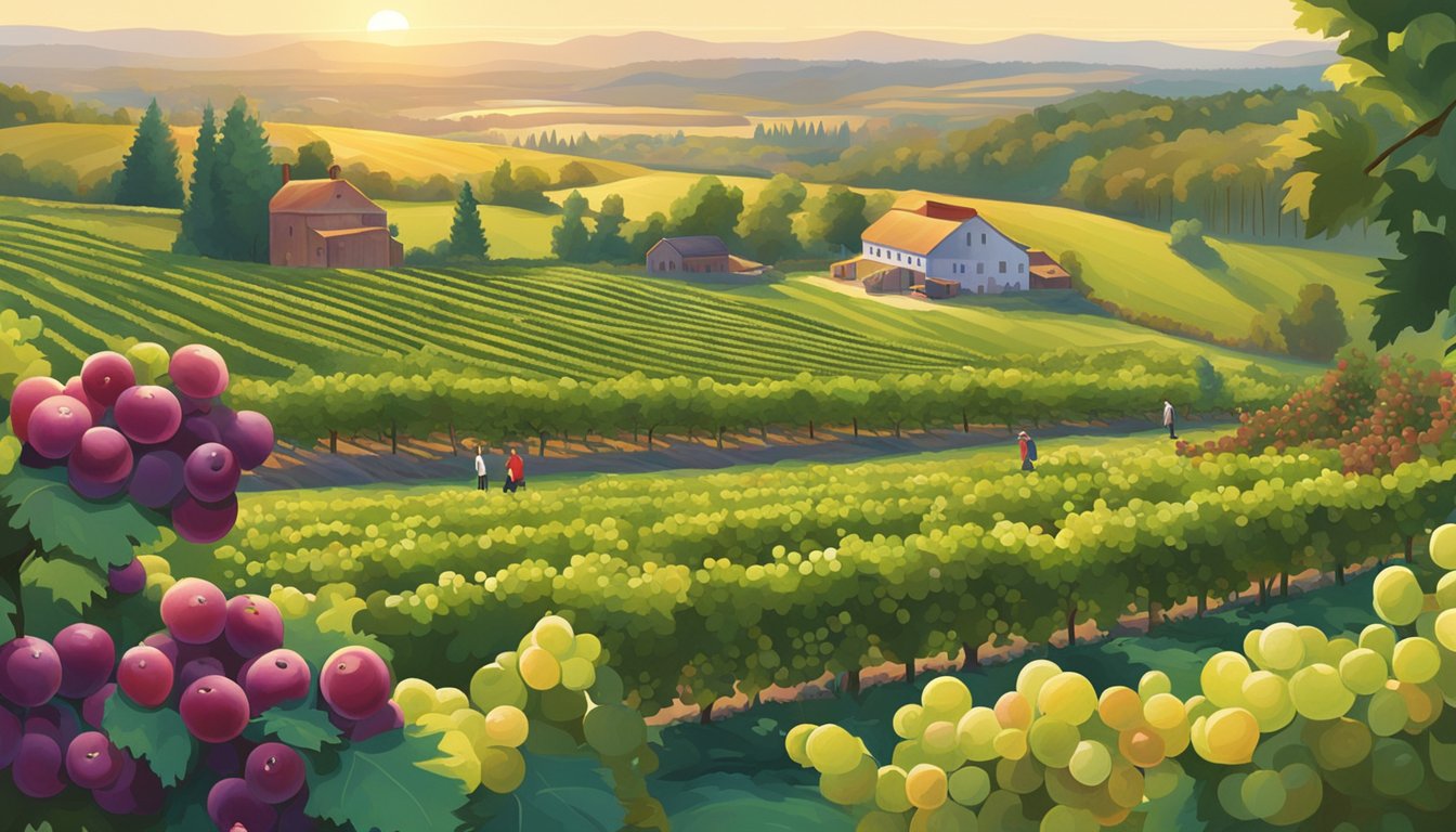 A sun-drenched vineyard with workers harvesting grapes, while a cranberry bog sits in the foreground, surrounded by lush greenery