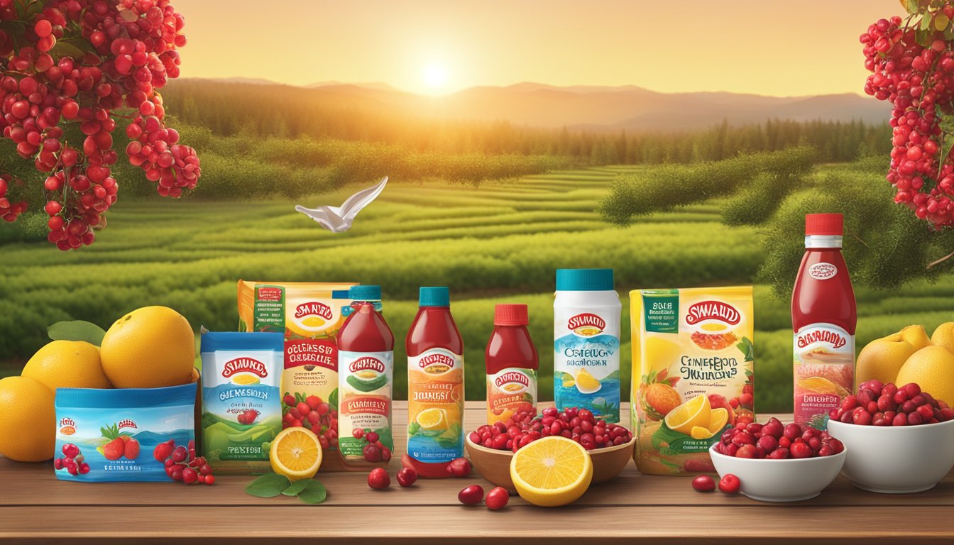 A vibrant display of Sun Maid and Ocean Spray product offerings arranged on a wooden table against a backdrop of lush fruit orchards and cranberry bogs