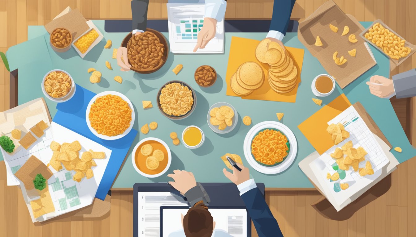 Two snack company logos facing each other on a conference table, surrounded by charts and graphs