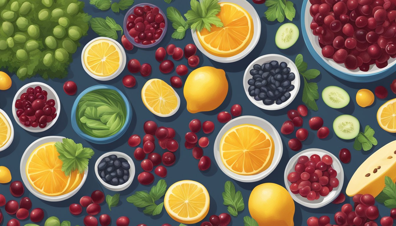 A table with bowls of sun maid raisins and ocean spray cranberries, surrounded by fresh fruits and vegetables