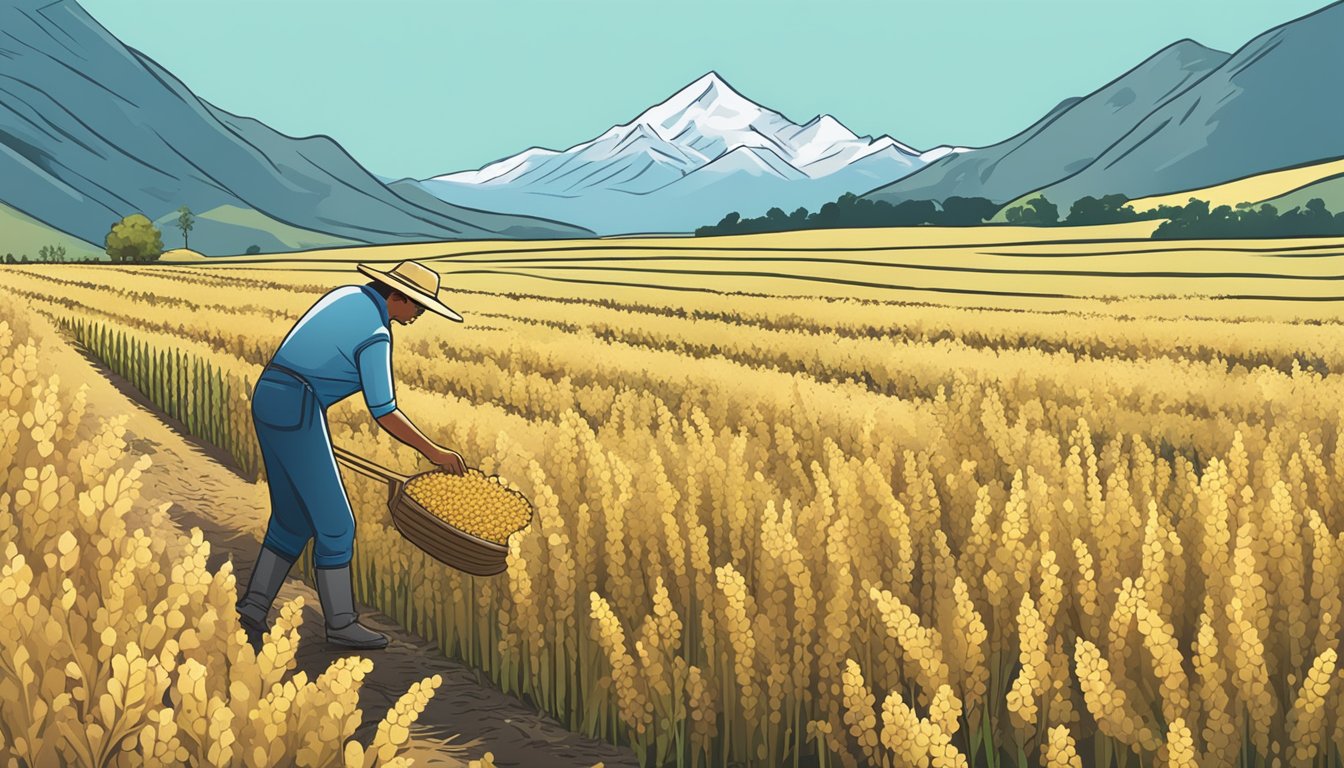 A farmer harvesting quinoa in a field with a backdrop of mountains and a clear blue sky