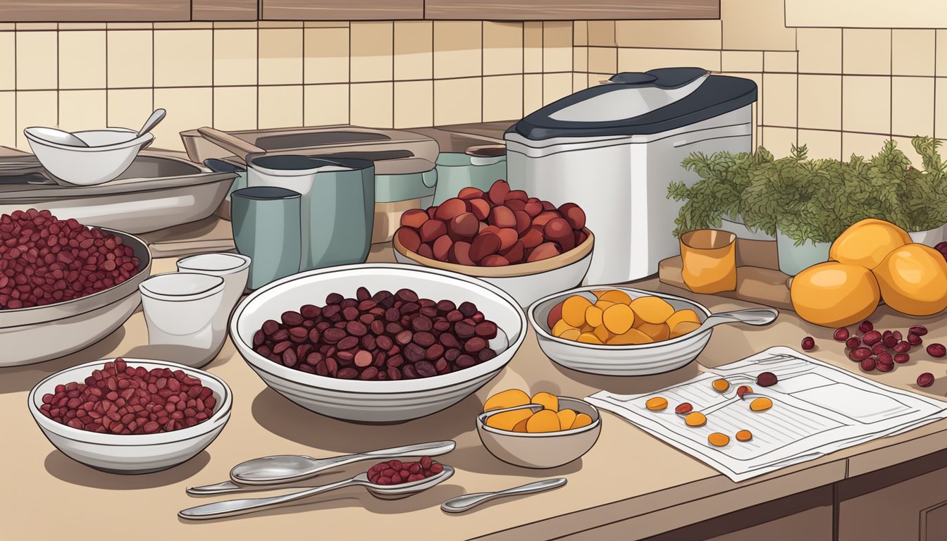 A kitchen counter with bowls of dried fruit and cranberries, surrounded by measuring spoons and recipe cards