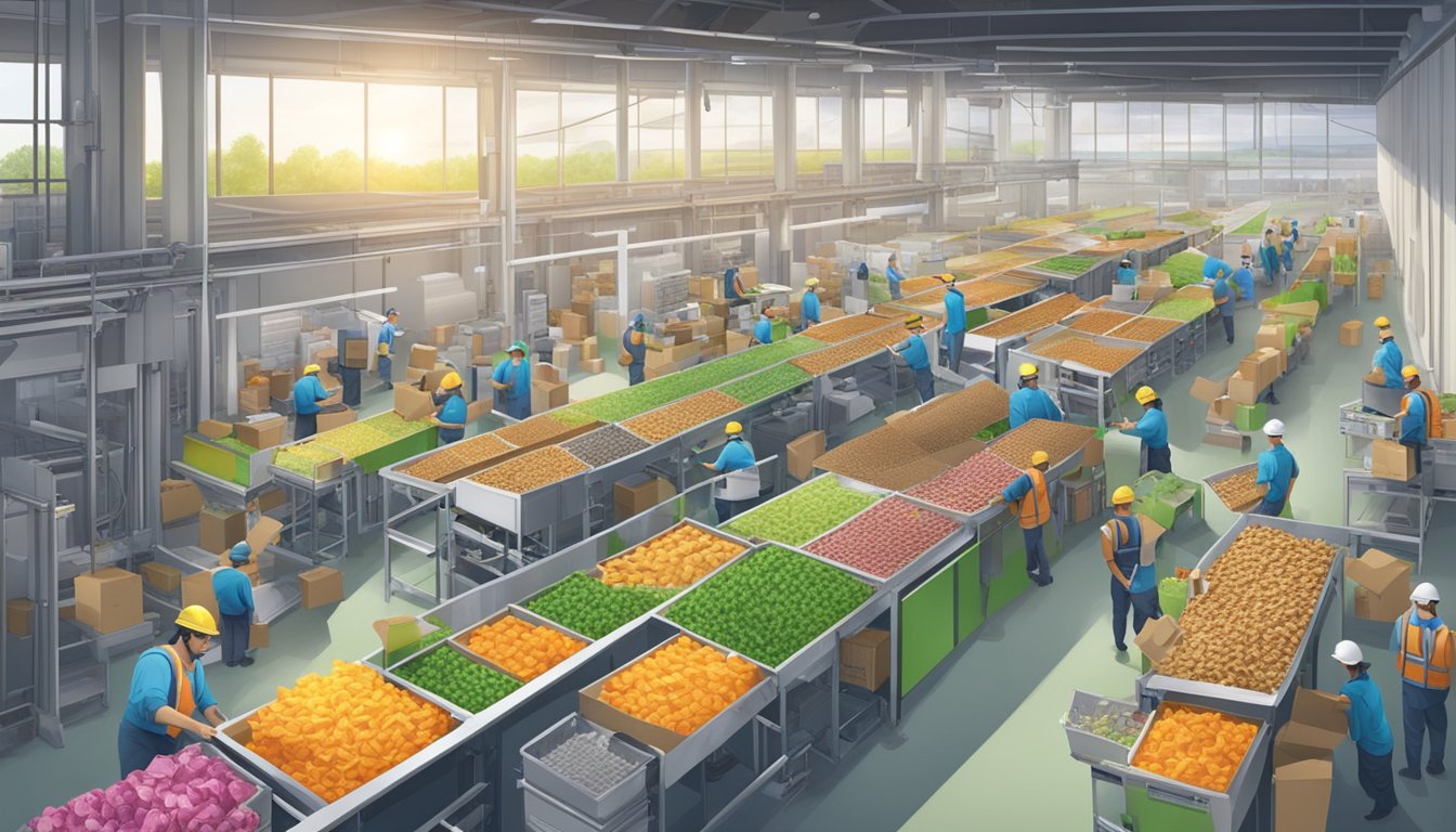 A bustling factory with workers sorting and packaging snacks, while solar panels and recycling bins line the exterior