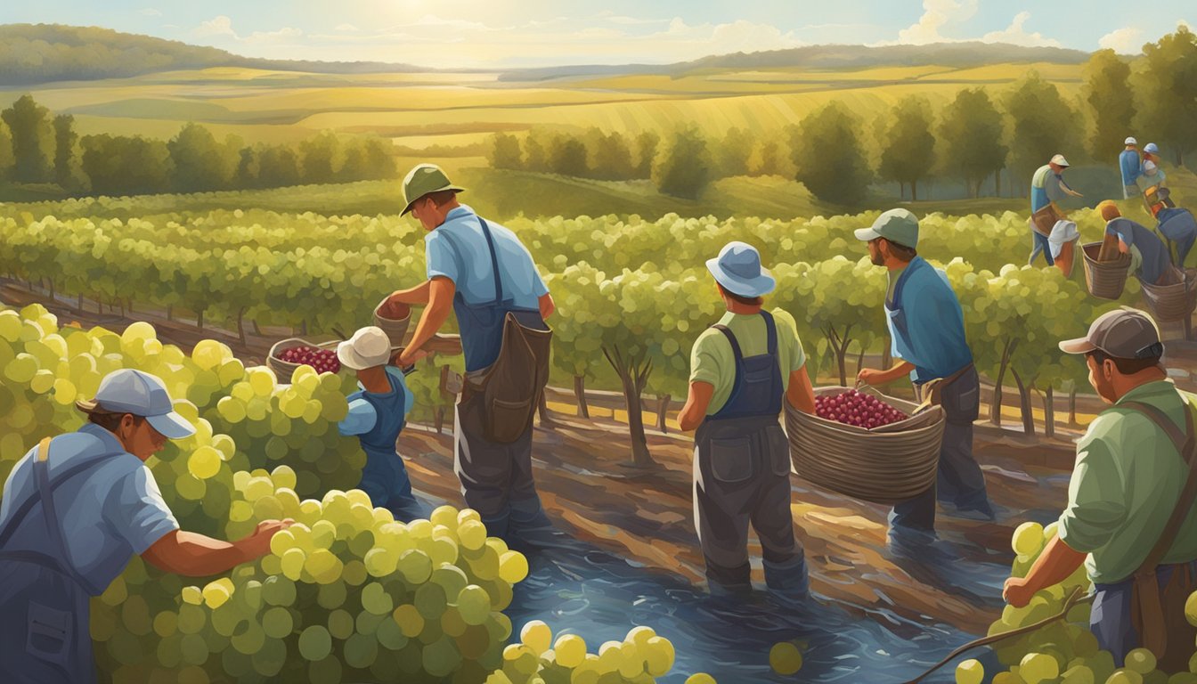 A sun-drenched vineyard with workers harvesting grapes, while a nearby cranberry bog is being tended to by workers in waders