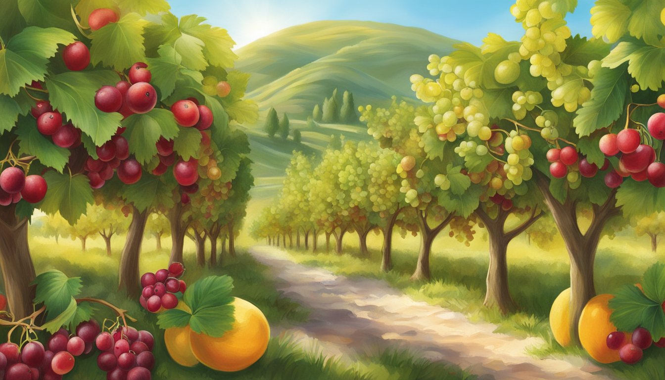 A sunny orchard with ripe grapes and cranberries growing, surrounded by vibrant packaging for Sun Maid and Ocean Spray products