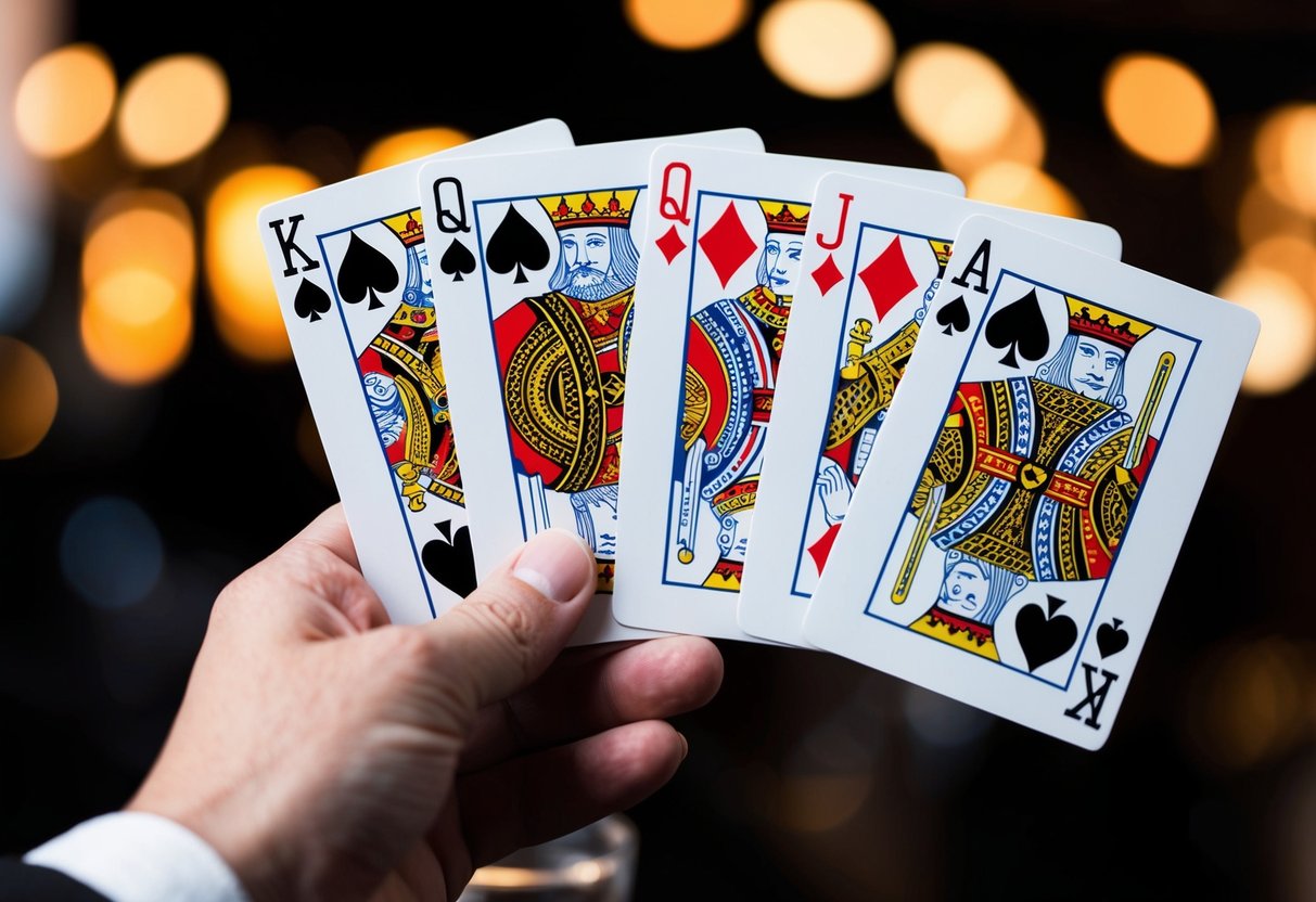 Uma mão de royal flush com um rei de espadas, uma rainha de espadas, um valete de espadas, um dez de espadas e um ás de espadas.