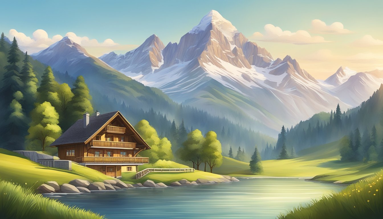 A serene alpine landscape with a majestic mountain backdrop, featuring a Swiss chalet nestled among rolling hills and a pristine river flowing through the valley