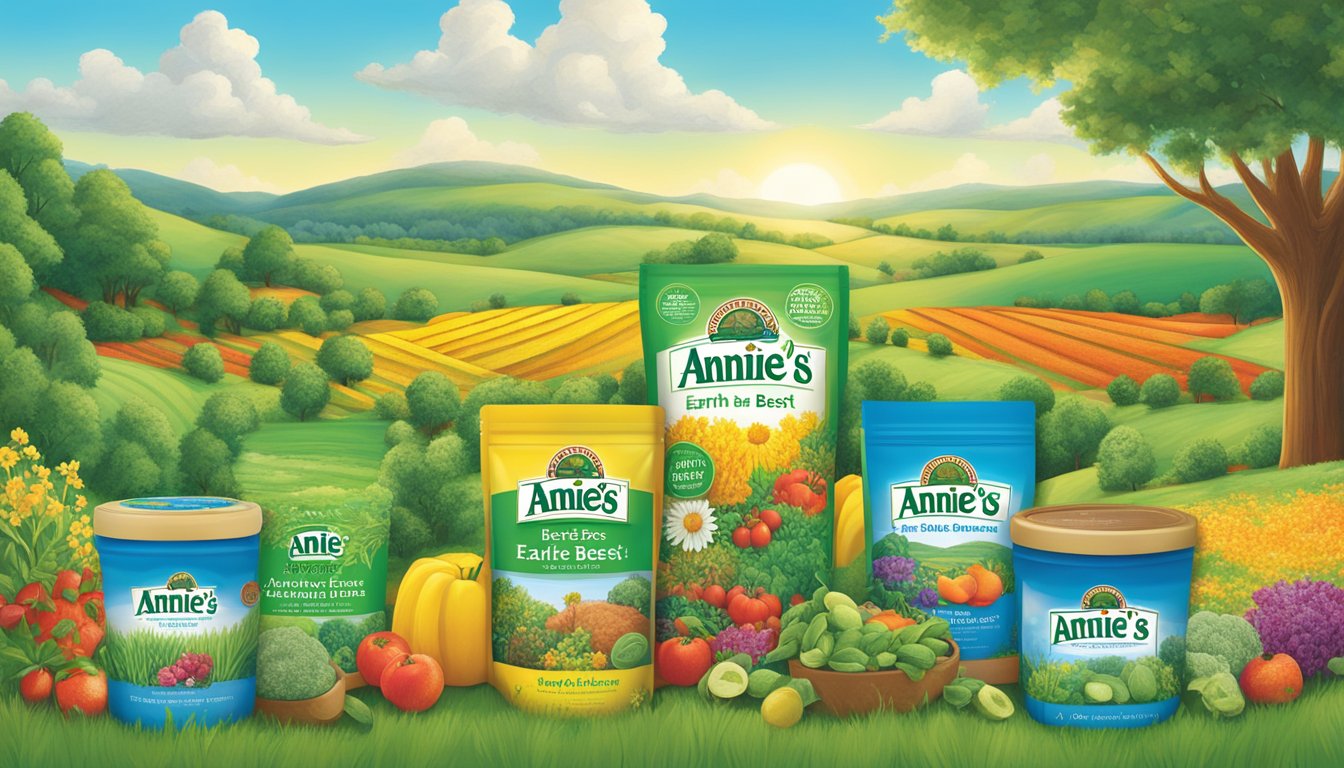 A lush green field with a bright blue sky above, showcasing a variety of Annie's Homegrown and Earth's Best products arranged in a visually appealing display