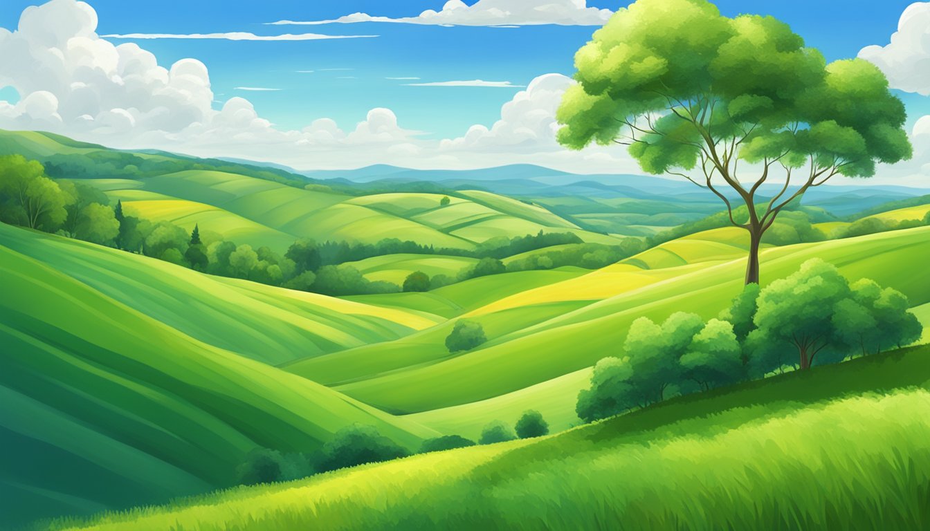 A lush green landscape with rolling hills and vibrant fields, under a bright blue sky with fluffy white clouds