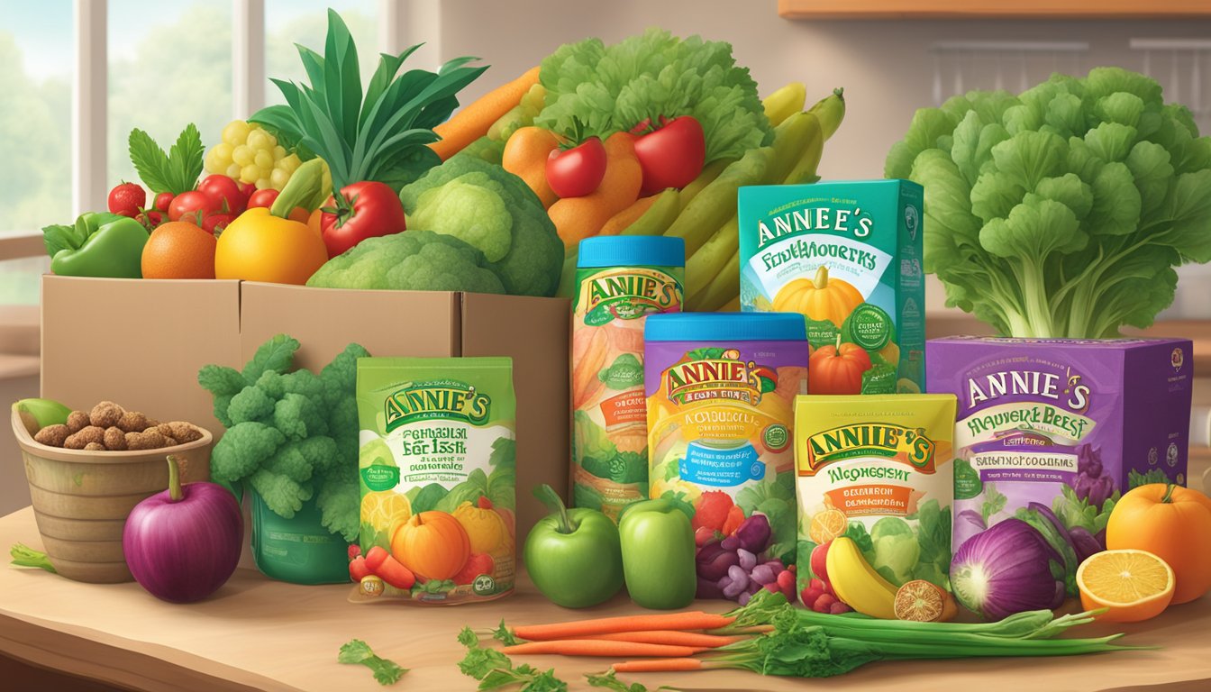 A table with two open boxes of Annie's Homegrown and Earth's Best products, surrounded by various fruits and vegetables