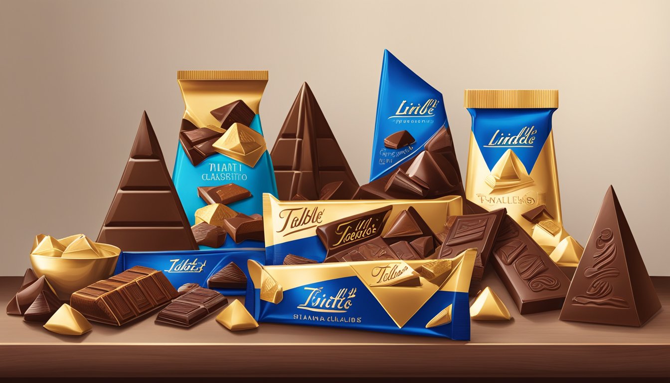 A table displays a variety of chocolates. Smooth, creamy Lindt bars contrast with the textured, triangular Toblerone bars