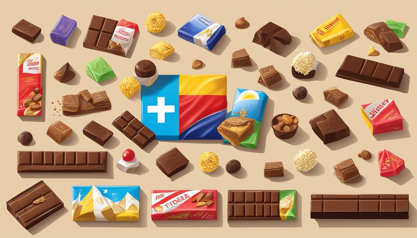 A colorful display of Lindt and Toblerone chocolate bars, surrounded by Swiss and European cultural symbols