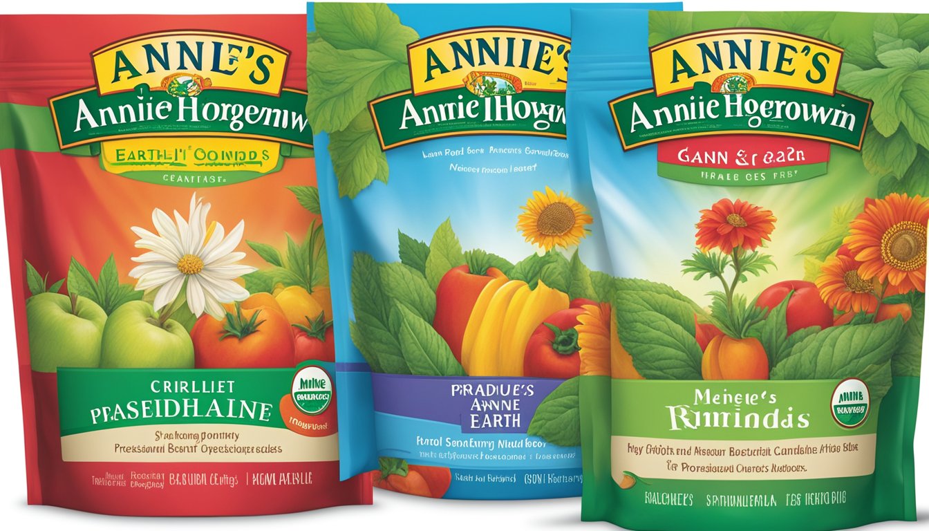 Two product packages side by side, one for Annie's Homegrown and one for Earth's Best. Each package prominently displays the brand name and product image