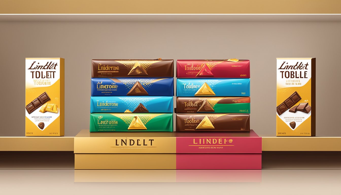 A display of Lindt and Toblerone chocolate bars side by side on a shelf, with bright packaging and clear branding