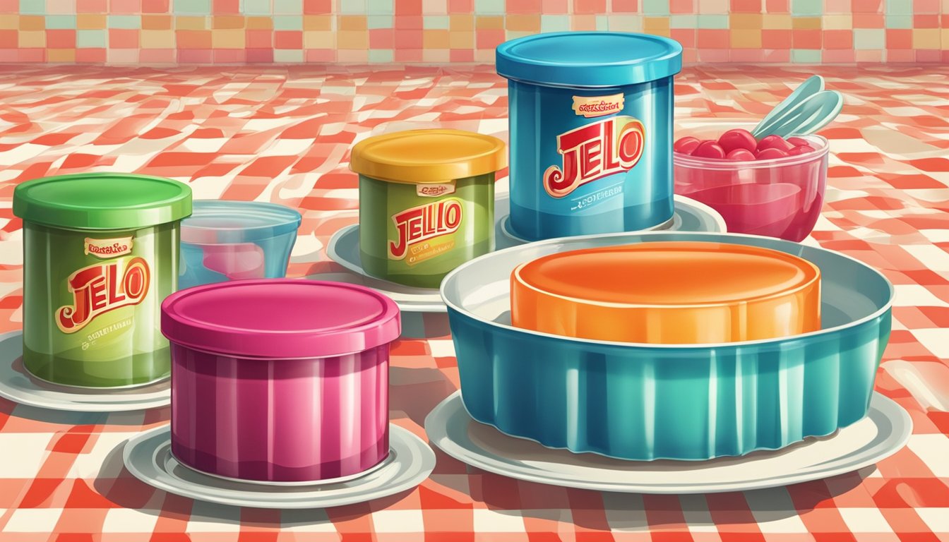 A colorful jello vs royal pudding battle in a vintage kitchen setting, with retro packaging and utensils on a checkered tablecloth