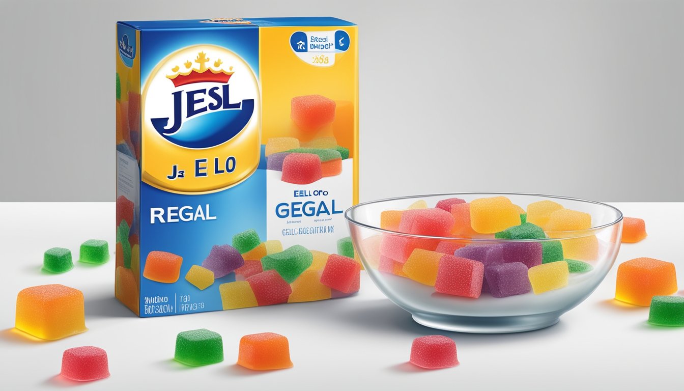 A colorful bowl of jell-o and a regal-looking package of Royal gelatin mix on a clean, white table