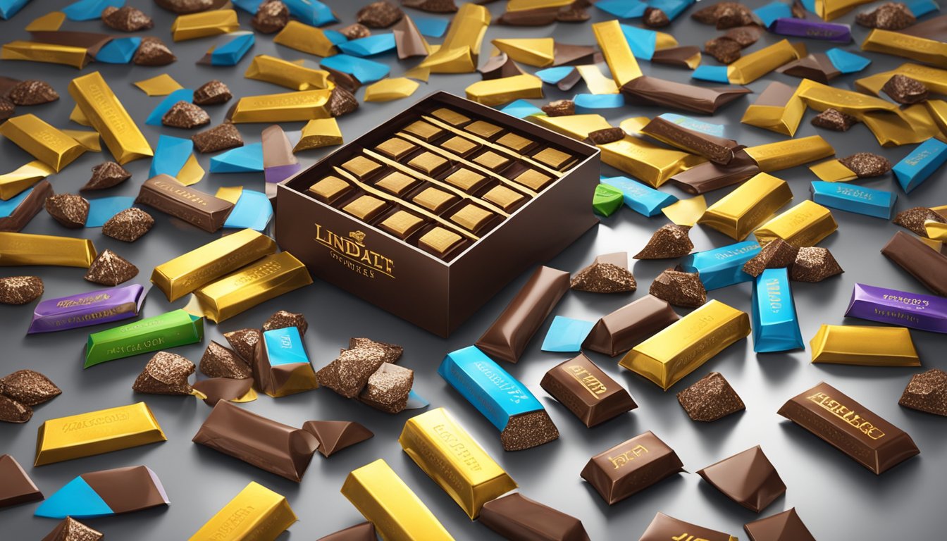 A table with a variety of Lindt and Toblerone chocolate bars arranged in a neat display, surrounded by scattered pieces of chocolate and empty wrappers