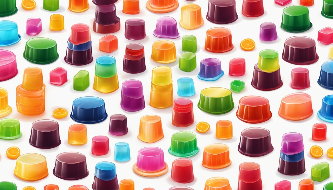 A colorful array of Jell-O and Royal gelatin in various flavors and formats displayed on a clean, white surface