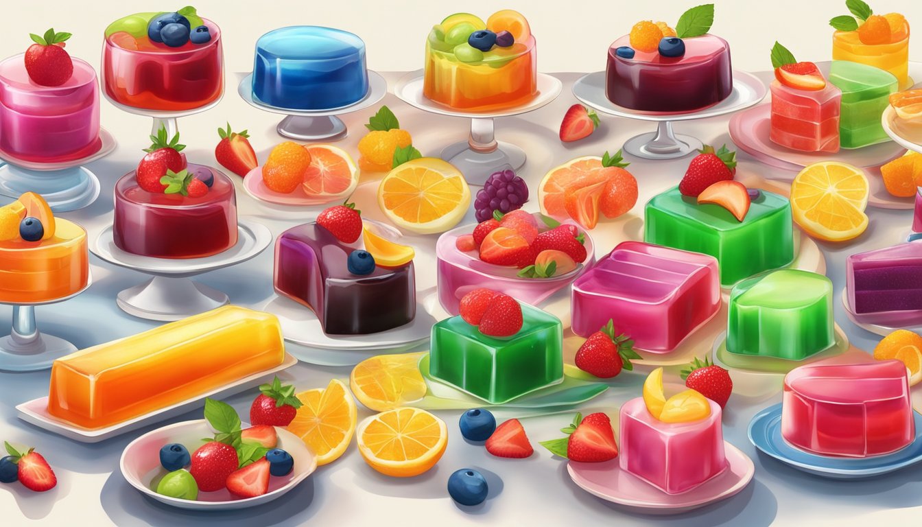 A colorful array of jello and royal gelatin desserts arranged on a table, with various fruits and toppings scattered around for decoration